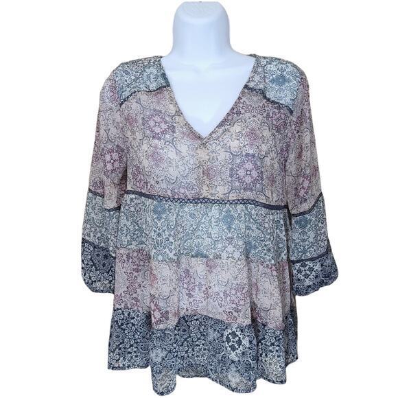Knox‎ Rose Women's 3/4 Sleeve V Neck Floral Boho Flowy Semi Sheer Top Size XS - Picture 1 of 6